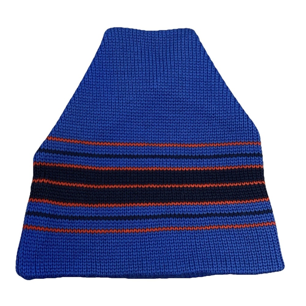 Vintage Smiley Ski Hat Beanie 100% Pure Wool Blue Stripe Knit Lycra Headband USA